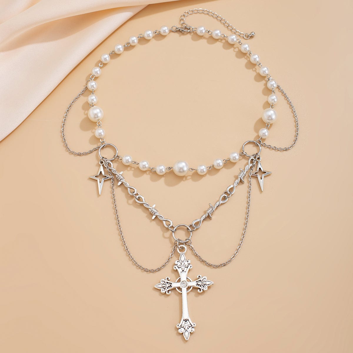Gothic Layered Cross Star Pendant Pearl Chain Choker Necklace - ArtGalleryZen