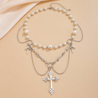 Thumbnail for Gothic Layered Cross Star Pendant Pearl Chain Choker Necklace - ArtGalleryZen