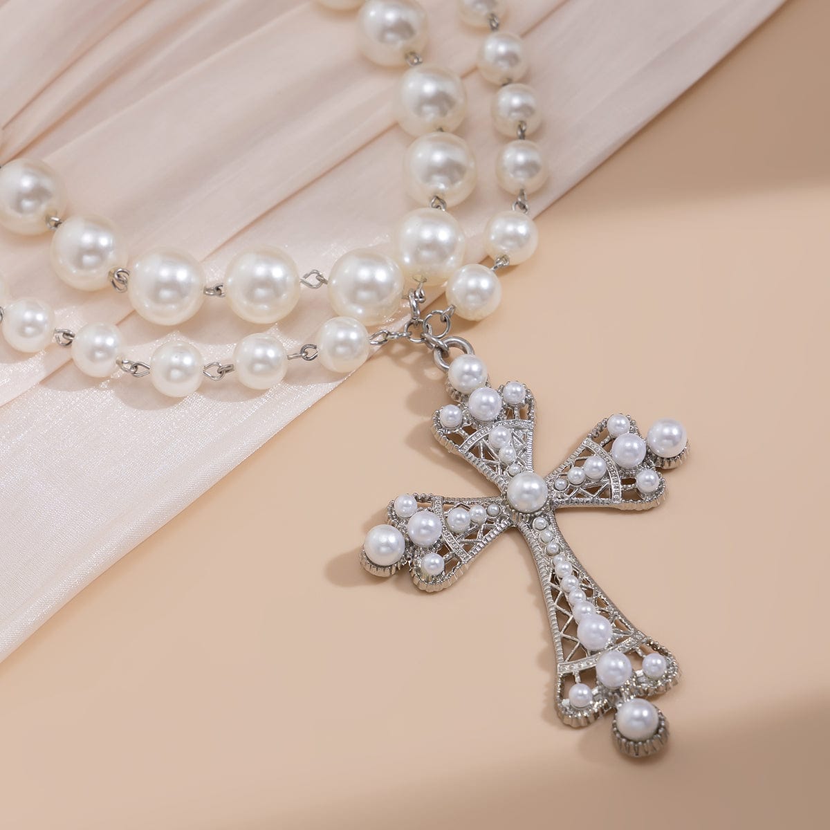 Gothic Layered Crystal Inlay Cross Pendant Pearl Chain Choker Necklace - ArtGalleryZen