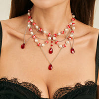 Thumbnail for Gothic Layered Crystal Tassel Dripping Blood Pearl Chain Choker Necklace - ArtGalleryZen