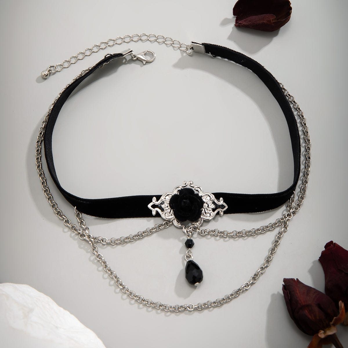 Gothic Layered Rose Rhinestone Pendant Choker Necklace - ArtGalleryZen