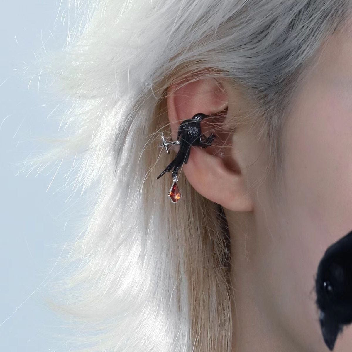 Gothic Rhinestone Dangle Crow Ear Cuff Earrings-ArtGalleryZen