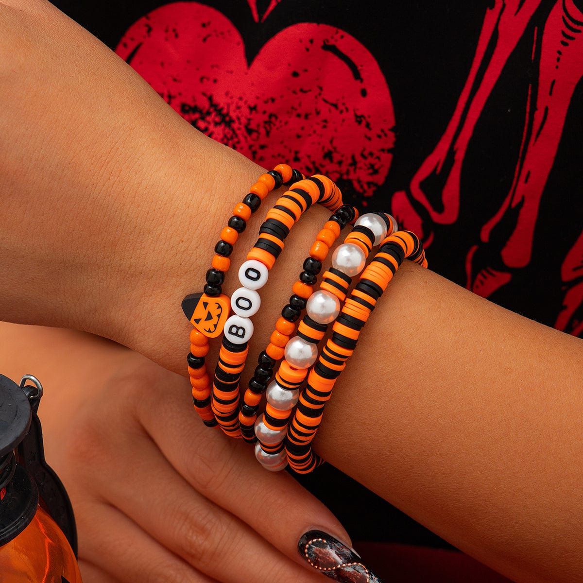 Halloween 5Pcs Pumpkin Charm Pearl Letter Clay Chain Bracelet Set - ArtGalleryZen