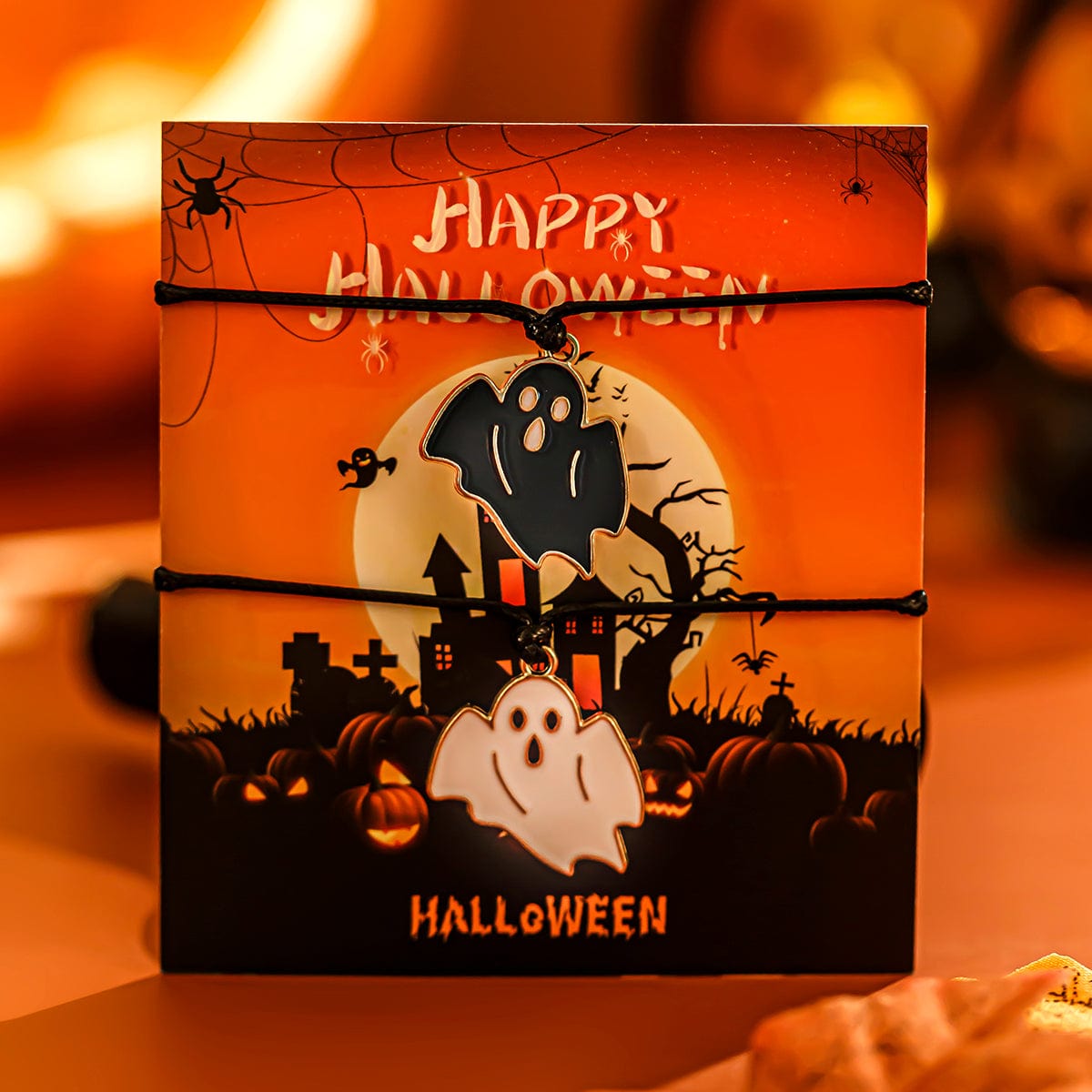 Halloween Cute Ghost Pendant Wax Cord Bracelet Set - ArtGalleryZen