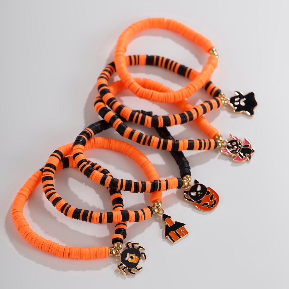 Halloween Theme Layered Ghost Spider Pumpkin Kitten Charm Strench Bracelet Set - ArtGalleryZen
