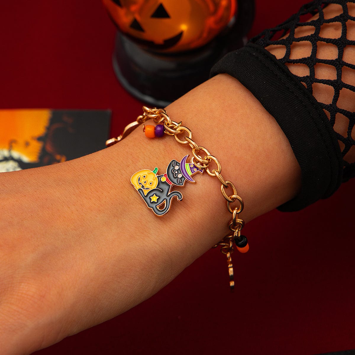 Halloween Toggle Clasp Witch Kitten Pumpkin Charm Bracelet - ArtGalleryZen