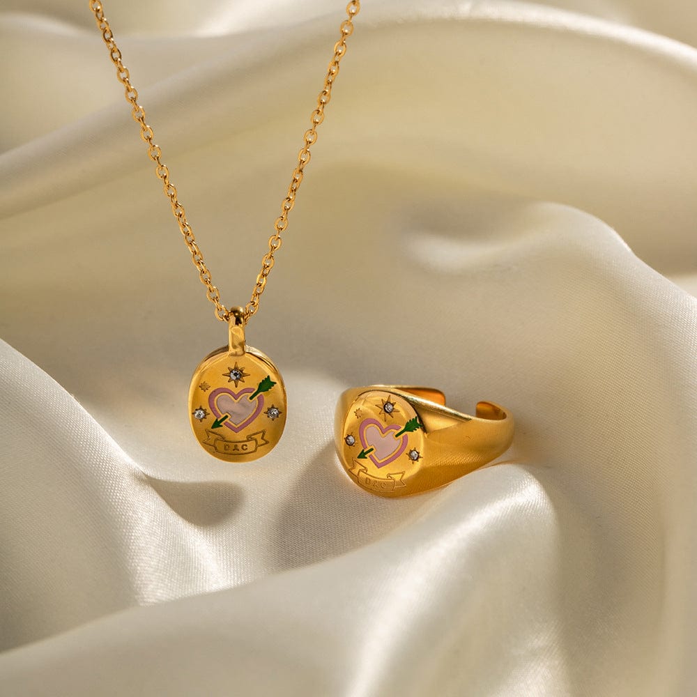 Hand Painted 24K Gold Filled Stainless Steel Arrow Heart Necklace Ring Set - ArtGalleryZen