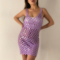 Thumbnail for Handmade Colorful Squamous Sequins Patchwork Rave Party Mini Dress - ArtGalleryZen