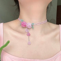 Thumbnail for Handmade Crystal Beaded Rose Petal Tassel Y Choker Necklace - ArtGalleryZen