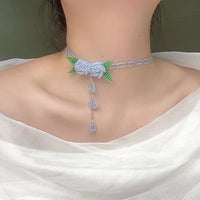 Thumbnail for Handmade Crystal Beaded Rose Petal Tassel Y Choker Necklace - ArtGalleryZen