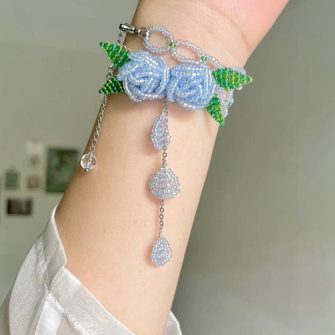 Handmade Crystal Beaded Rose Petal Tassel Y Choker Necklace - ArtGalleryZen