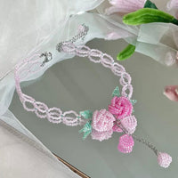 Thumbnail for Handmade Crystal Beaded Rose Petal Tassel Y Choker Necklace - ArtGalleryZen