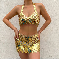 Thumbnail for Handmade Glitter Sequins Patchwork Strappy Nightclub Party Mini Skirt - ArtGalleryZen