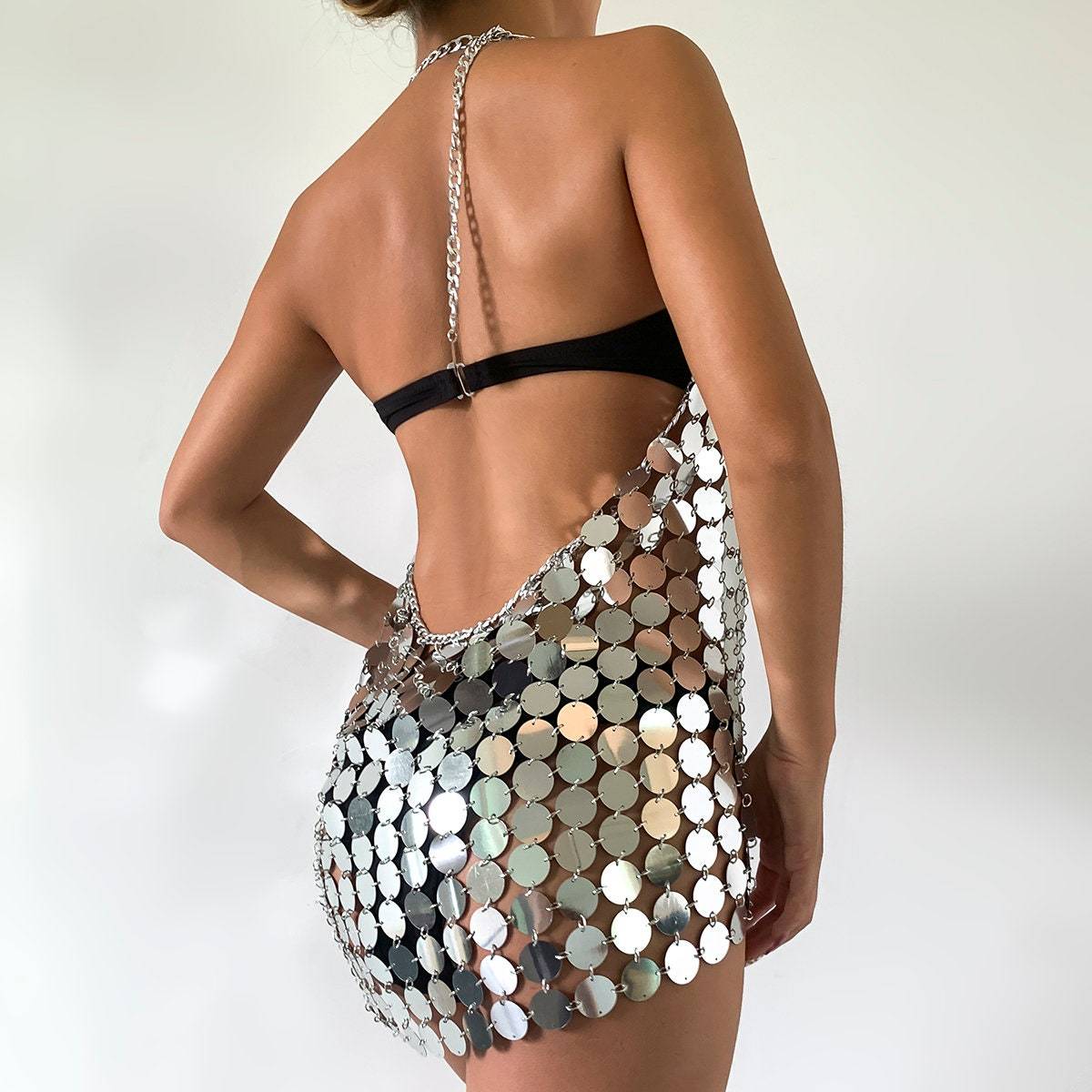 Handmade Glitter Squamous Sequins Patchwork Nightclub Party Strappy Dress - ArtGalleryZen