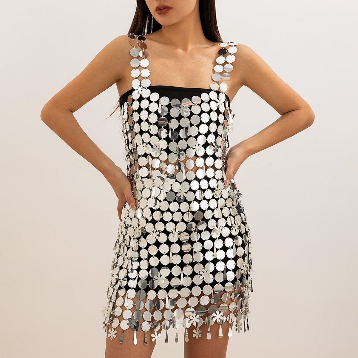 Handmade Gold Silver Plated Sequins Tassel Patchwork Nightclub Party Strappy Dress - ArtGalleryZen