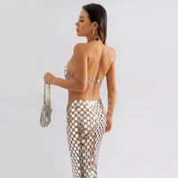 Thumbnail for Handmade Gold Silver Rose Red Glitter Strappy Mirror Sequin Dress - ArtGalleryZen