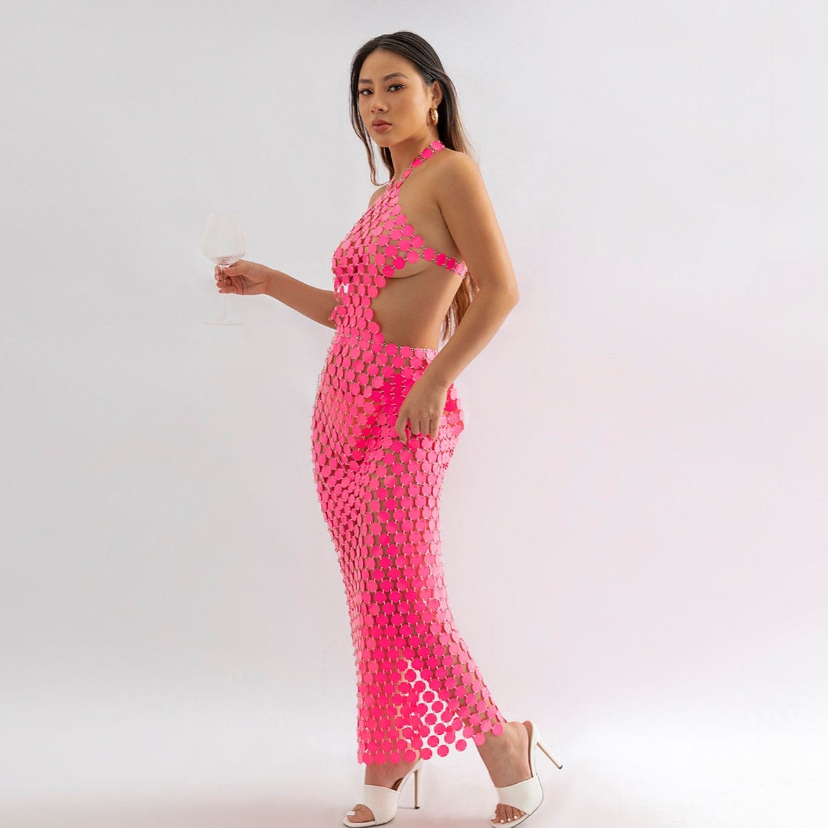 Handmade Gold Silver Rose Red Glitter Strappy Mirror Sequin Dress - ArtGalleryZen