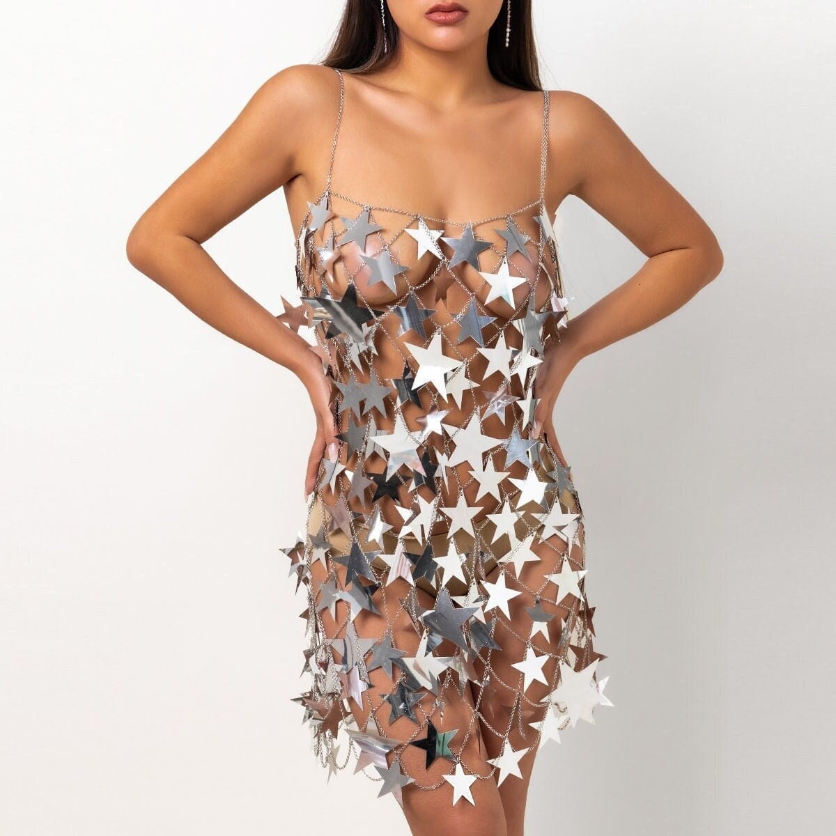 Handmade Gold Silver Tone Glitter Star Sequins Patchwork Mini Dress - ArtGalleryZen