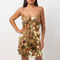 Thumbnail for Handmade Gold Silver Tone Glitter Star Sequins Patchwork Mini Dress - ArtGalleryZen