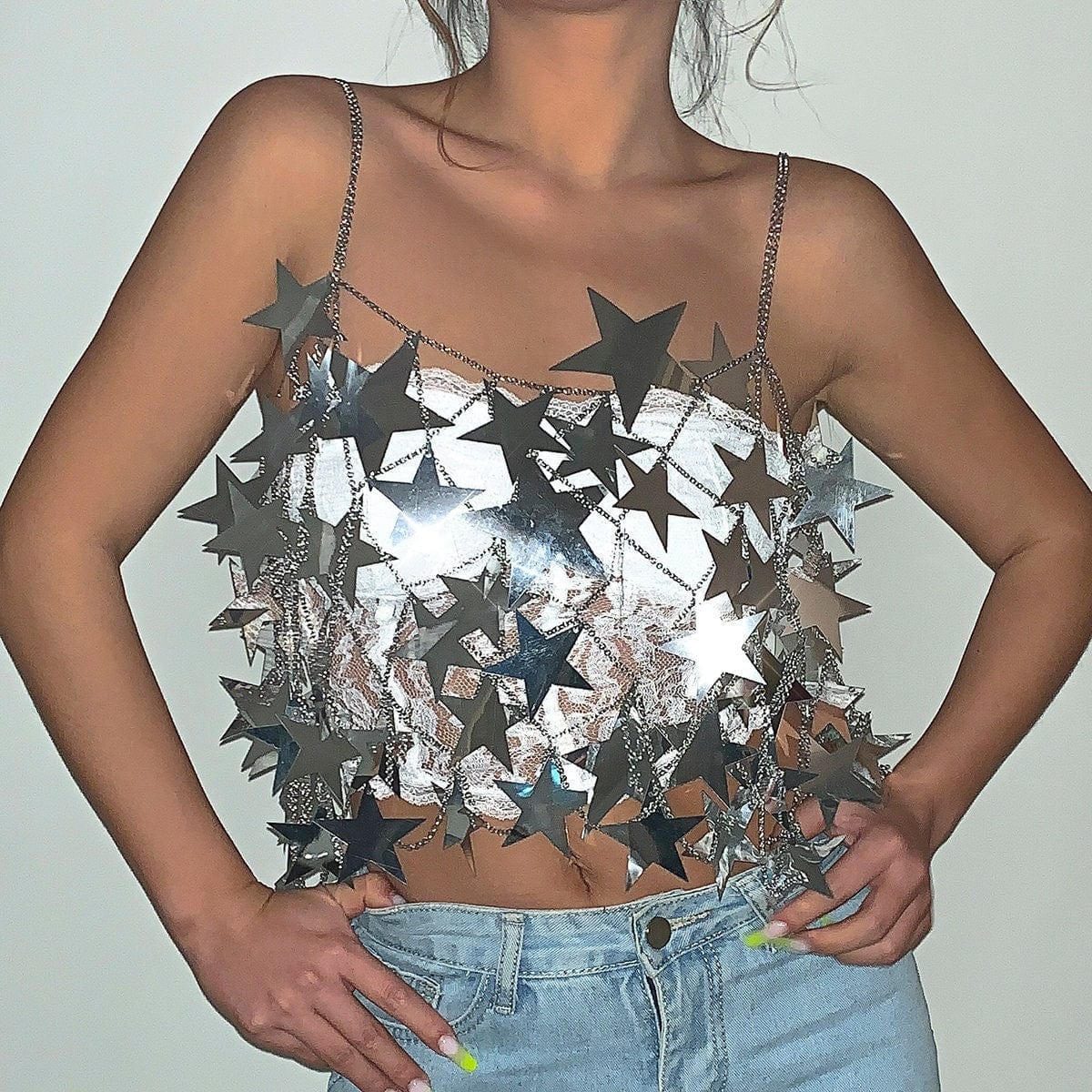Handmade Gold Silver Tone Hollow Star Sequins Sleeveless Tank Top - ArtGalleryZen