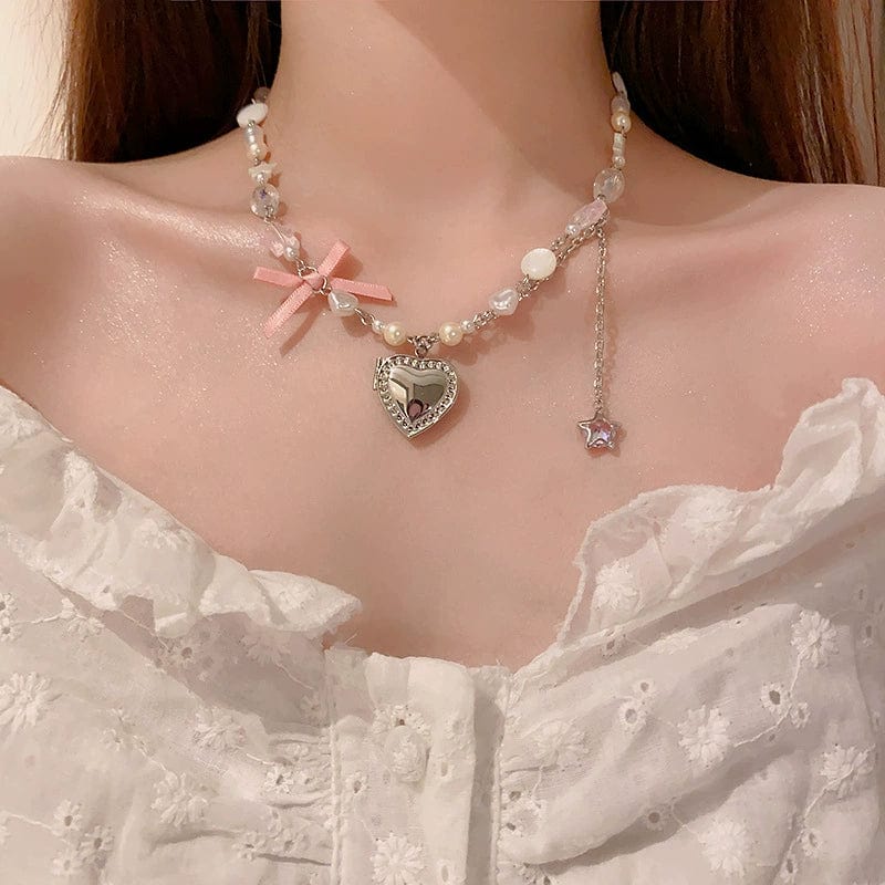 Handmade Heart Locket Pendant Crystal Star Pearl Chain Choker Necklace - ArtGalleryZen