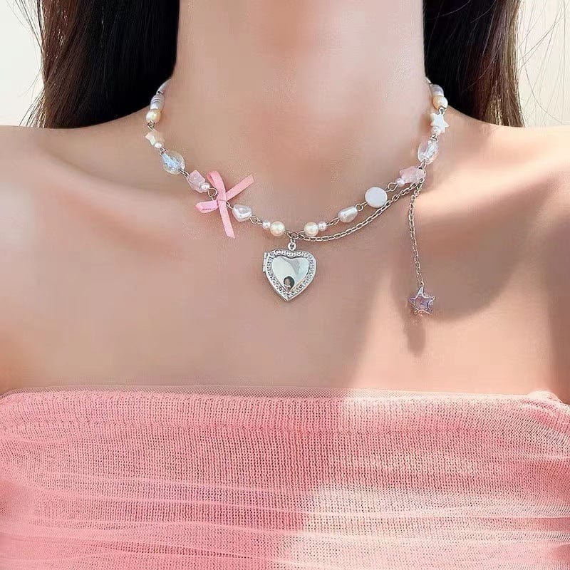 Handmade Heart Locket Pendant Crystal Star Pearl Chain Choker Necklace - ArtGalleryZen