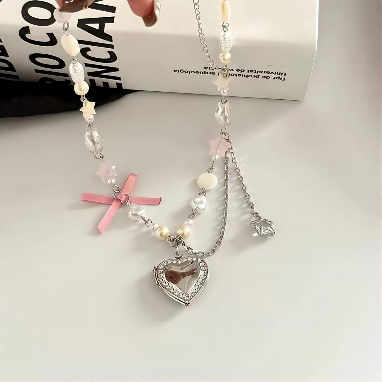 Handmade Heart Locket Pendant Crystal Star Pearl Chain Choker Necklace - ArtGalleryZen