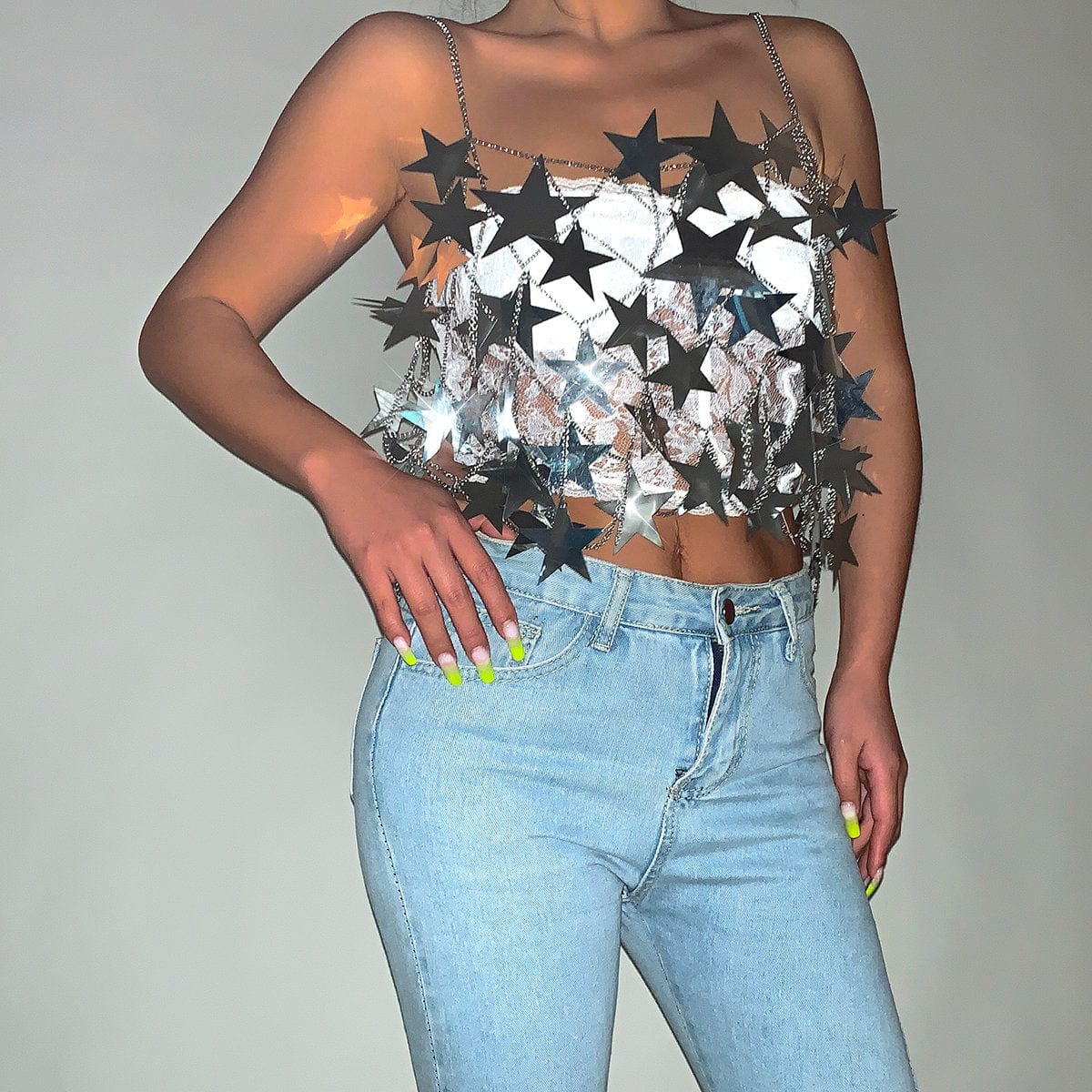 Handmade Hollow Glitter Star Sequins Sleeveless Tank Top - ArtGalleryZen