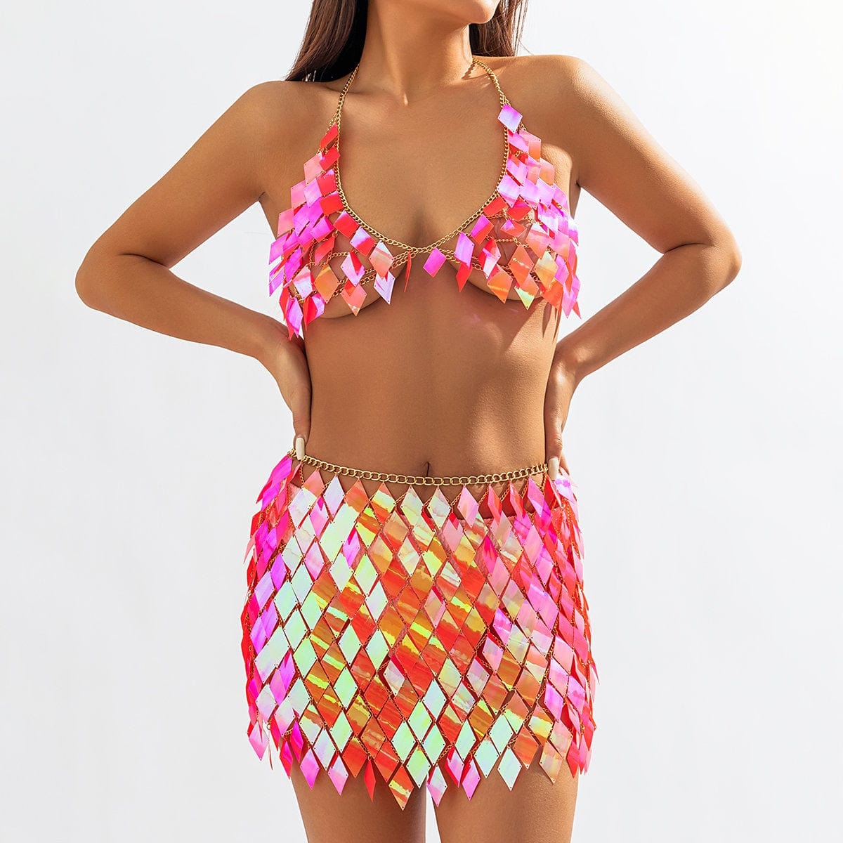 Handmade Orange Rhombic Sequins Patchwork Strappy Nightclub Party Skirt - ArtGalleryZen