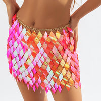 Thumbnail for Handmade Orange Rhombic Sequins Patchwork Strappy Nightclub Party Skirt - ArtGalleryZen