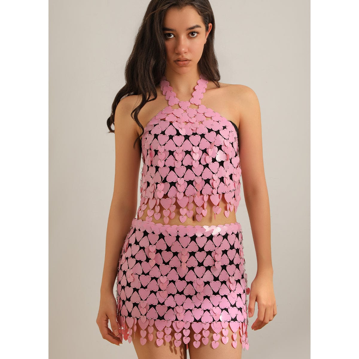 Handmade Pink Heart Sequins Patchwork Strappy Nightclub Party Mini Skirt - ArtGalleryZen