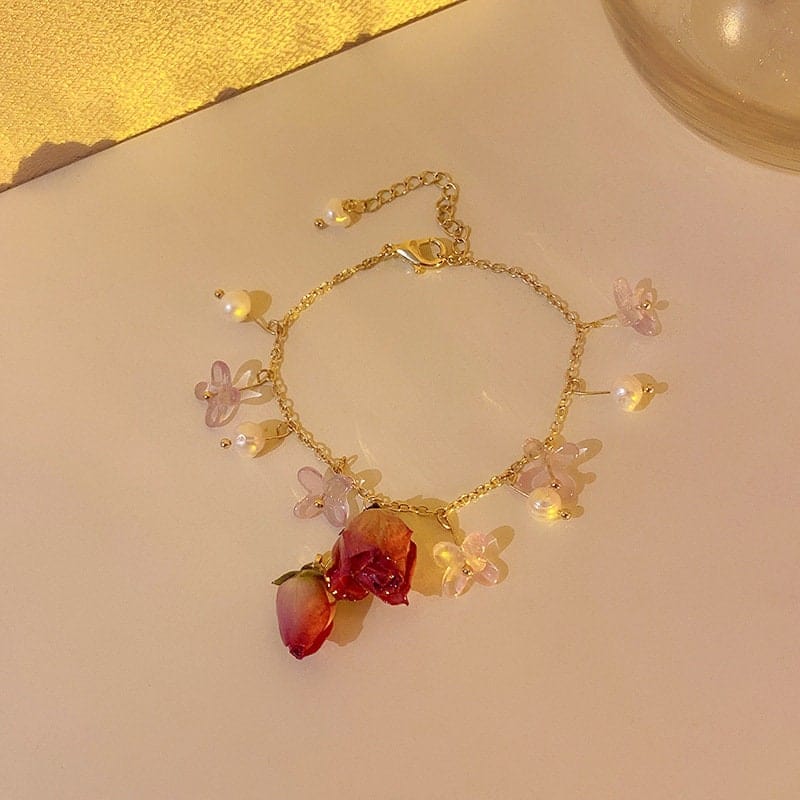 Handmade Real Dried Rosebud Crystal Floral Pearl Tassel Necklace Dangle Earrings Bracelet Set - ArtGalleryZen