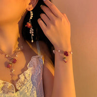 Thumbnail for Handmade Real Dried Rosebud Crystal Floral Pearl Tassel Necklace Dangle Earrings Bracelet Set - ArtGalleryZen