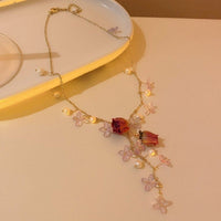 Thumbnail for Handmade Real Dried Rosebud Crystal Floral Pearl Tassel Necklace Dangle Earrings Bracelet Set - ArtGalleryZen