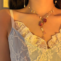 Thumbnail for Handmade Real Dried Rosebud Crystal Floral Pearl Tassel Necklace Dangle Earrings Bracelet Set - ArtGalleryZen