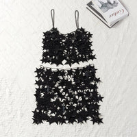 Thumbnail for Handmade Squamous Hollow Pink Black Star Sequins Strappy Rave Party Skirt - ArtGalleryZen
