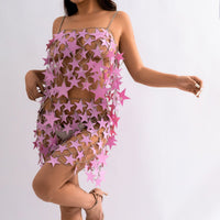 Thumbnail for Handmade Squamous Hollow Pink Black Star Sequins Strappy Rave Party Skirt - ArtGalleryZen