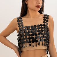 Thumbnail for Handmade White Black Mirror Sequins Tassel Party Tank Top - ArtGalleryZen