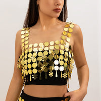 Thumbnail for Handmade White Black Mirror Sequins Tassel Party Tank Top - ArtGalleryZen