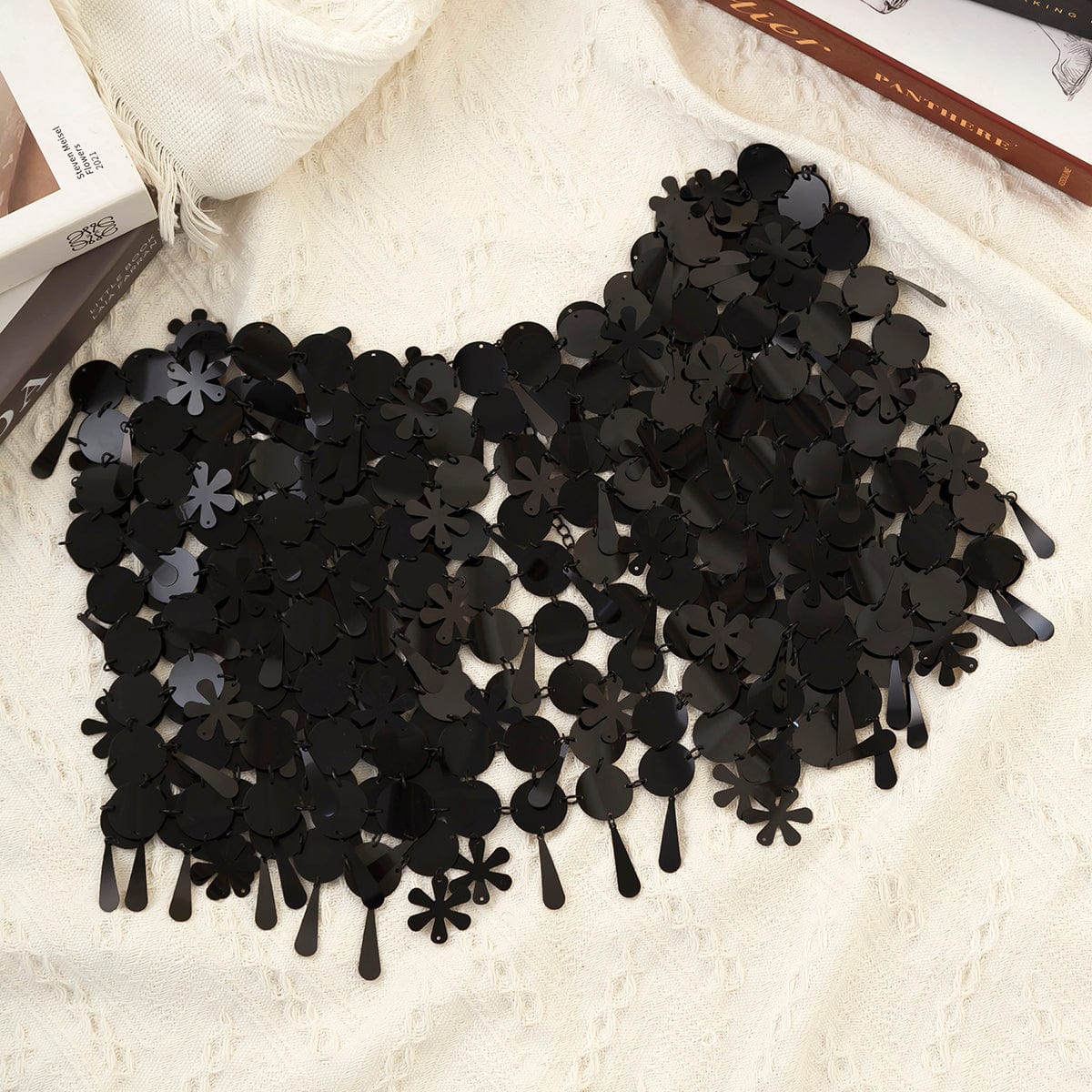 Handmade White Black Sequins Tassel Patchwork Strappy Nightclub Party Mini Skirt - ArtGalleryZen