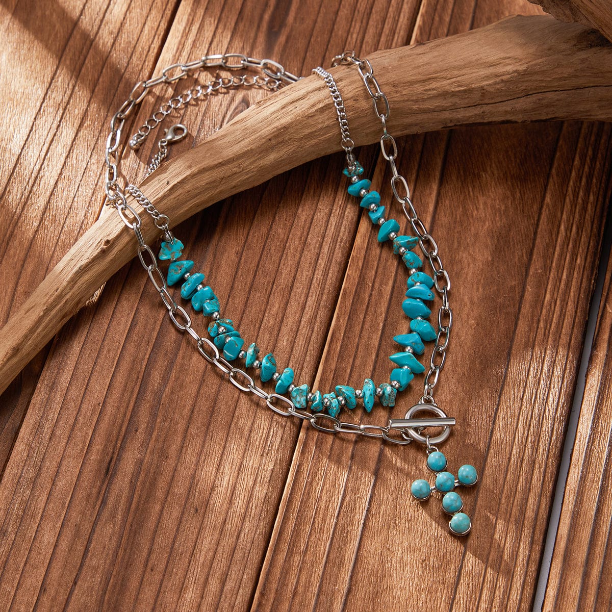 Hippie 2pcs Toggle Clasp Cross Pendant Turquoise Chain Necklace Set - ArtGalleryZen