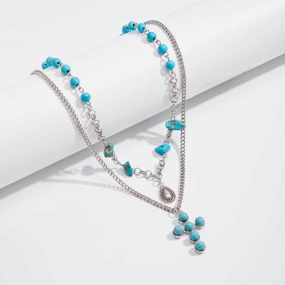 Hippie 2pcs Turquoise Inlaid Cross Waterdrop Pendant Curb Chain Necklace Set - ArtGalleryZen