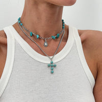 Thumbnail for Hippie 2pcs Turquoise Inlaid Cross Waterdrop Pendant Curb Chain Necklace Set - ArtGalleryZen