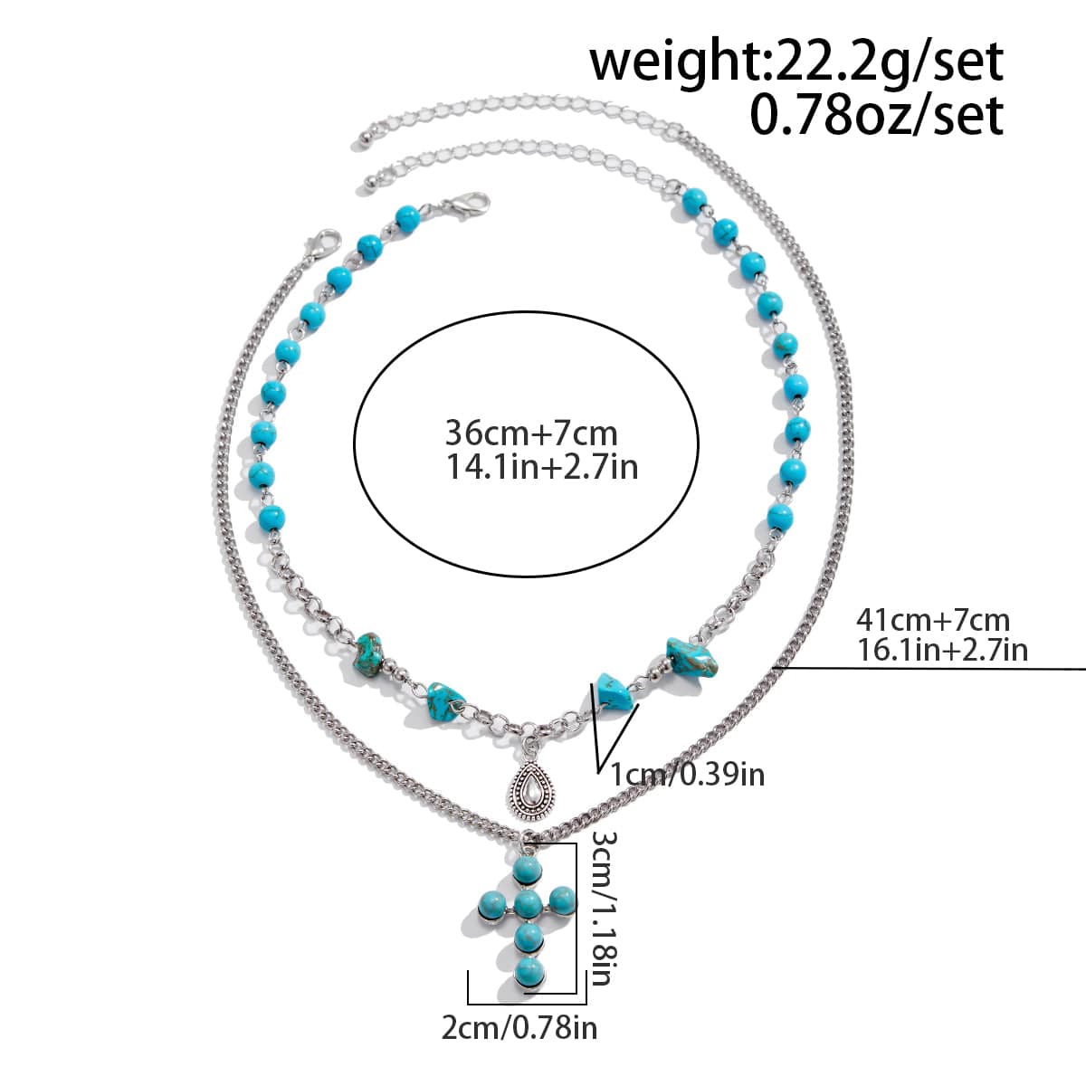 Hippie 2pcs Turquoise Inlaid Cross Waterdrop Pendant Curb Chain Necklace Set - ArtGalleryZen