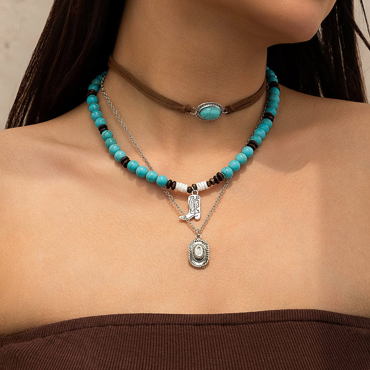 Hippie 3Pcs Cowboy Hat Boots Pendant Turquoise Wood Bead Necklace Set - ArtGalleryZen