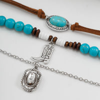 Thumbnail for Hippie 3Pcs Cowboy Hat Boots Pendant Turquoise Wood Bead Necklace Set - ArtGalleryZen