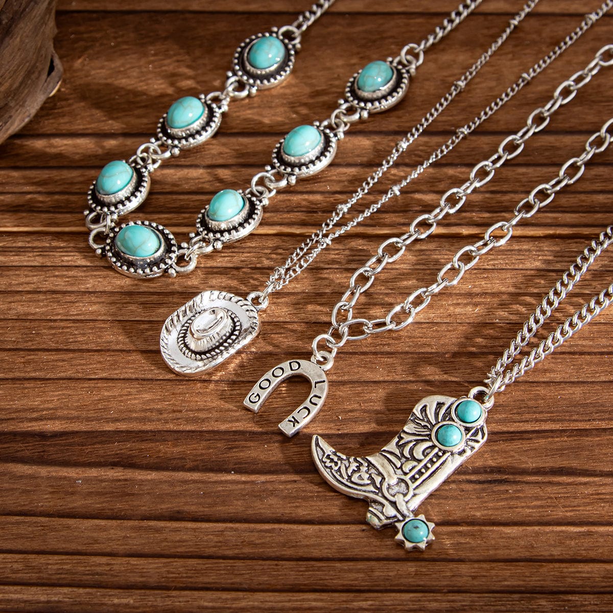 Hippie 4pcs Turquoise Boot Cowboy Hat Lucky Horseshoe Pendant Necklace Set - ArtGalleryZen