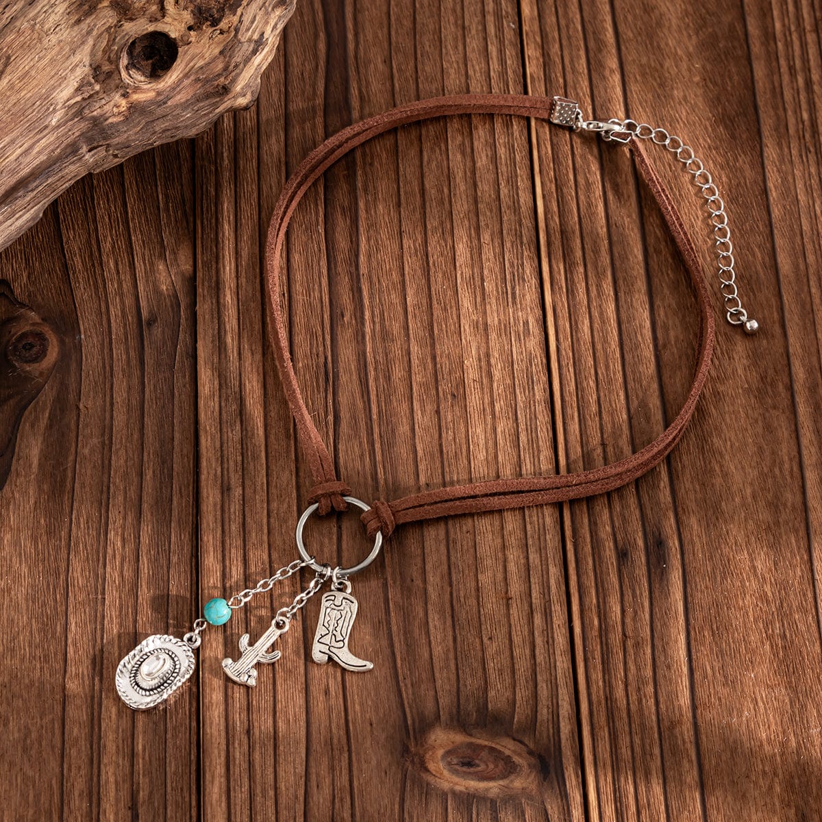 Hippie Cactus Cowboy Hat Boots Pendant Velvet Necklace - ArtGalleryZen