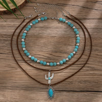 Thumbnail for Hippie Cactus Oval Pendant Turquoise Chain Velvet Necklace Set - ArtGalleryZen