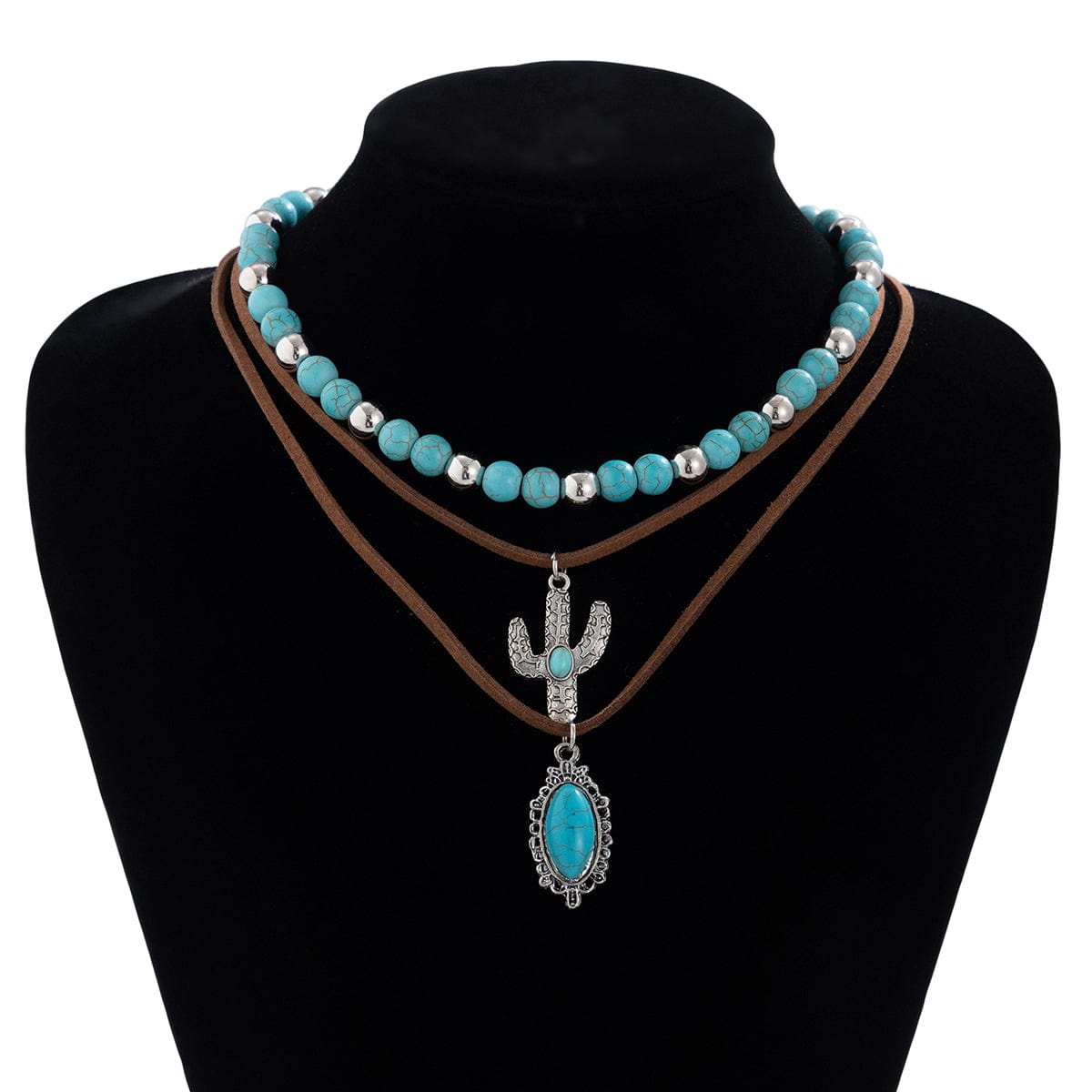 Hippie Cactus Oval Pendant Turquoise Chain Velvet Necklace Set - ArtGalleryZen